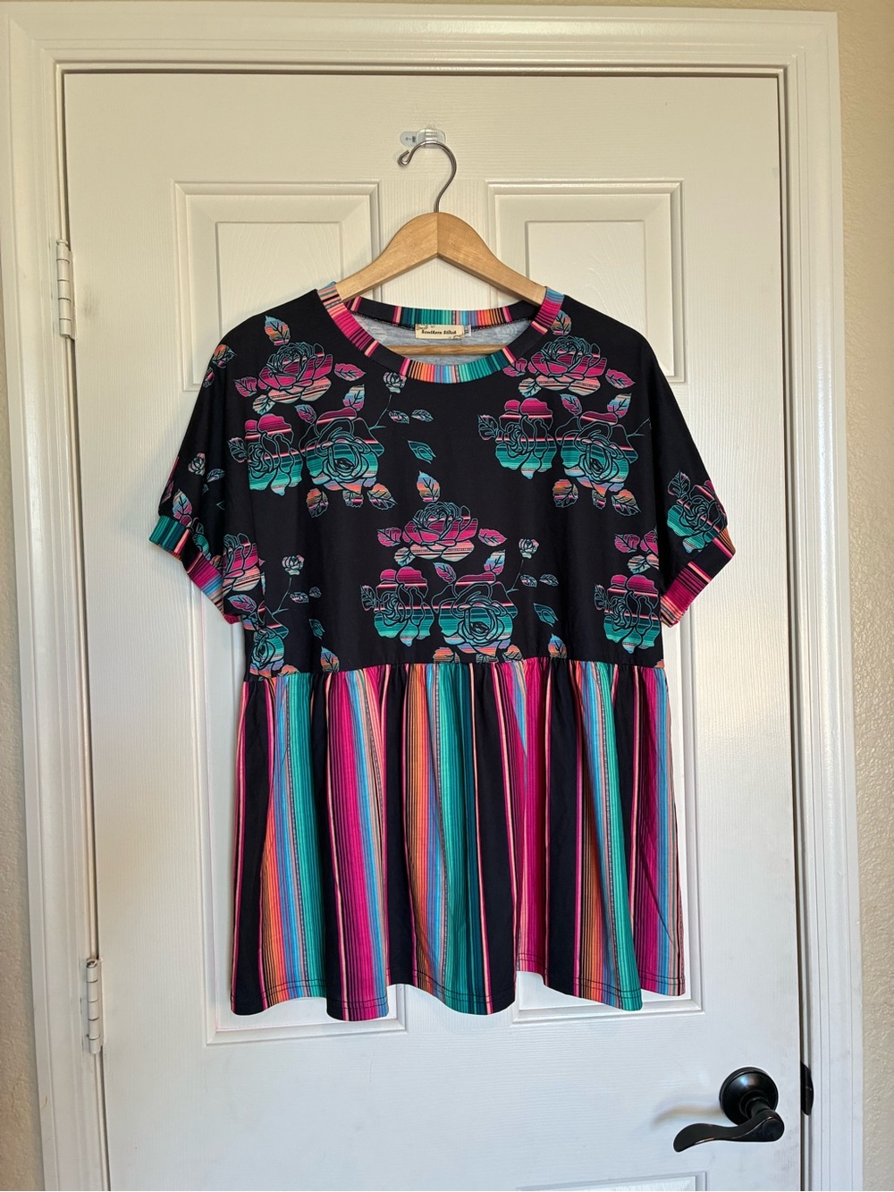 Black Floral Peplum Top with Multicolor Stripe Panel